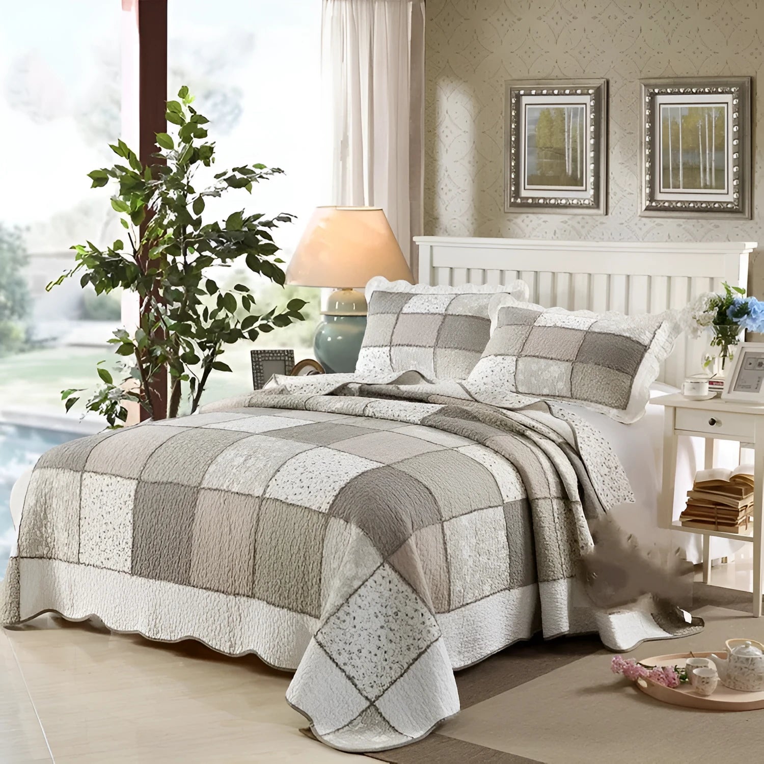 Quilted pure cotton bedspread set with two pillowcases on a bed, showing Korean style and non-slip texture.