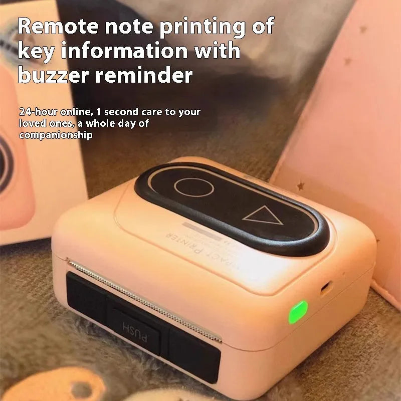 Avocado green Bluetooth mini thermal printer for mobile phones, shown with thermal paper and charging cable.