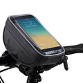Black bicycle handlebar phone bag with clear TPU touch screen window on a mountain bike front beam