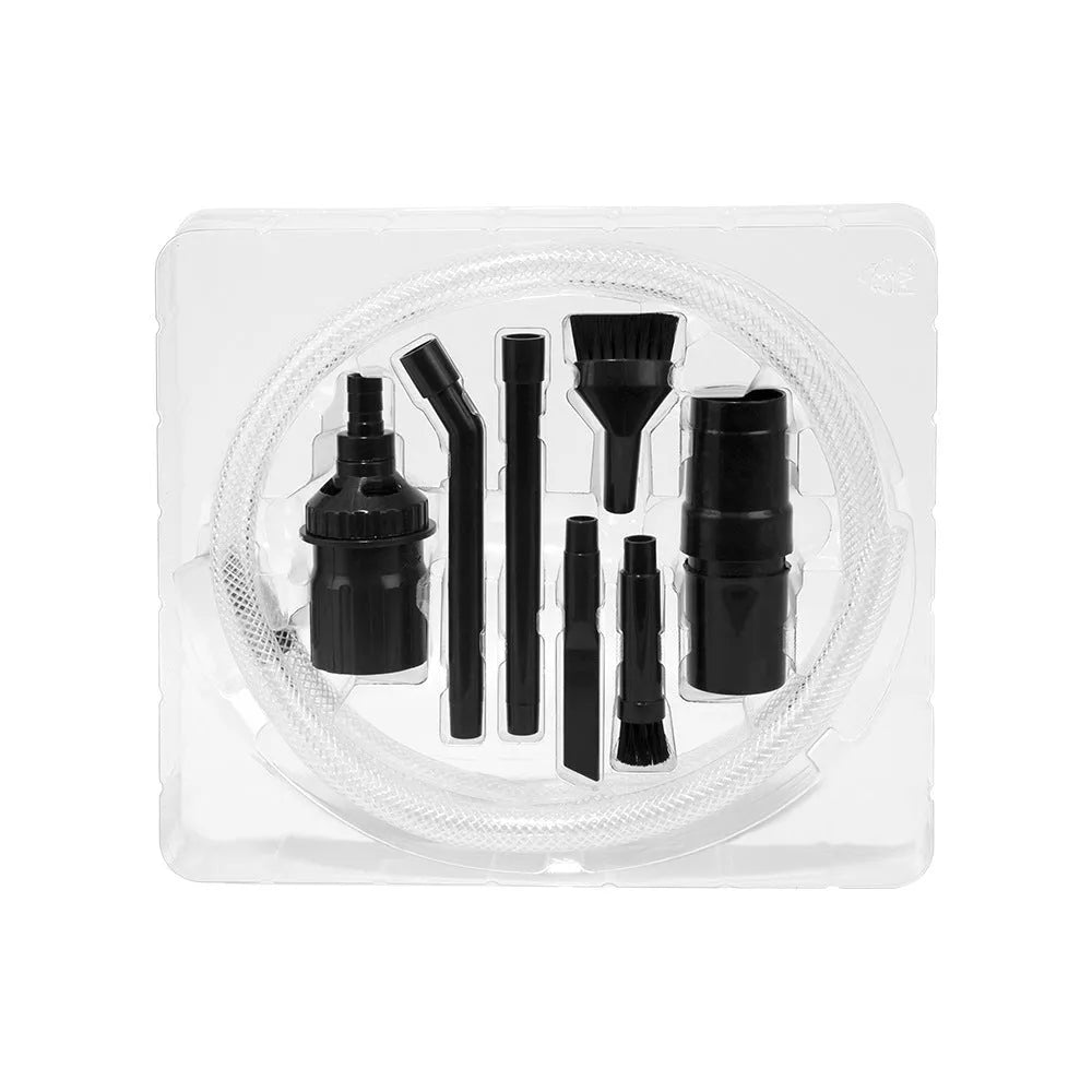 Eight different vacuum cleaner nozzle attachments laid out for a multifunctional cleaning set.