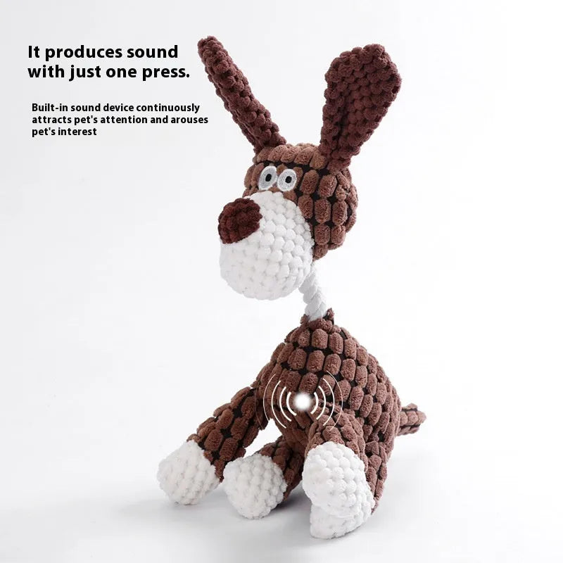 Bite-resistant plush puppy toy in donkey, rechargeable duck, and elephant styles on a neutral background.
