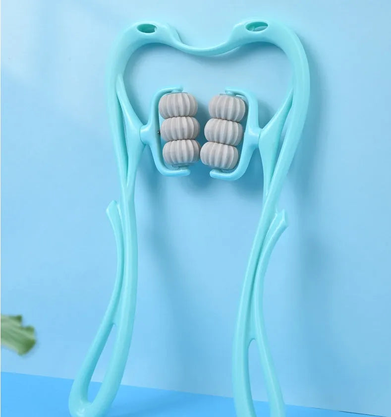 Blue swan-shaped manual neck massager with six white wheels and a natural crystal jade scraping board.