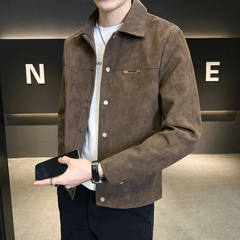 Men's chemical fibre blended suede lapel spring jacket in brown, solid colour with tie-dye finish, long sleeves, slant-cut hem