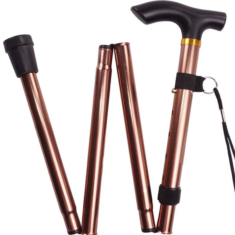 Aluminium folding walking cane extended to show adjustable shaft and textured non-slip handle.
