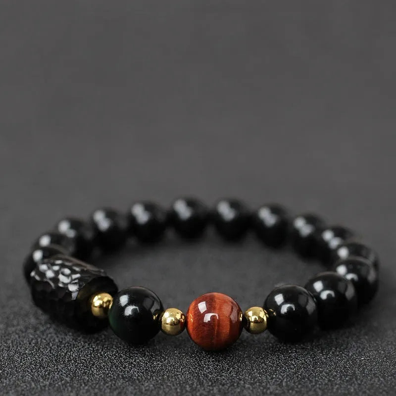 Obsidian bracelet with 10mm red tiger eye beads, unisex retro design featuring circle elements