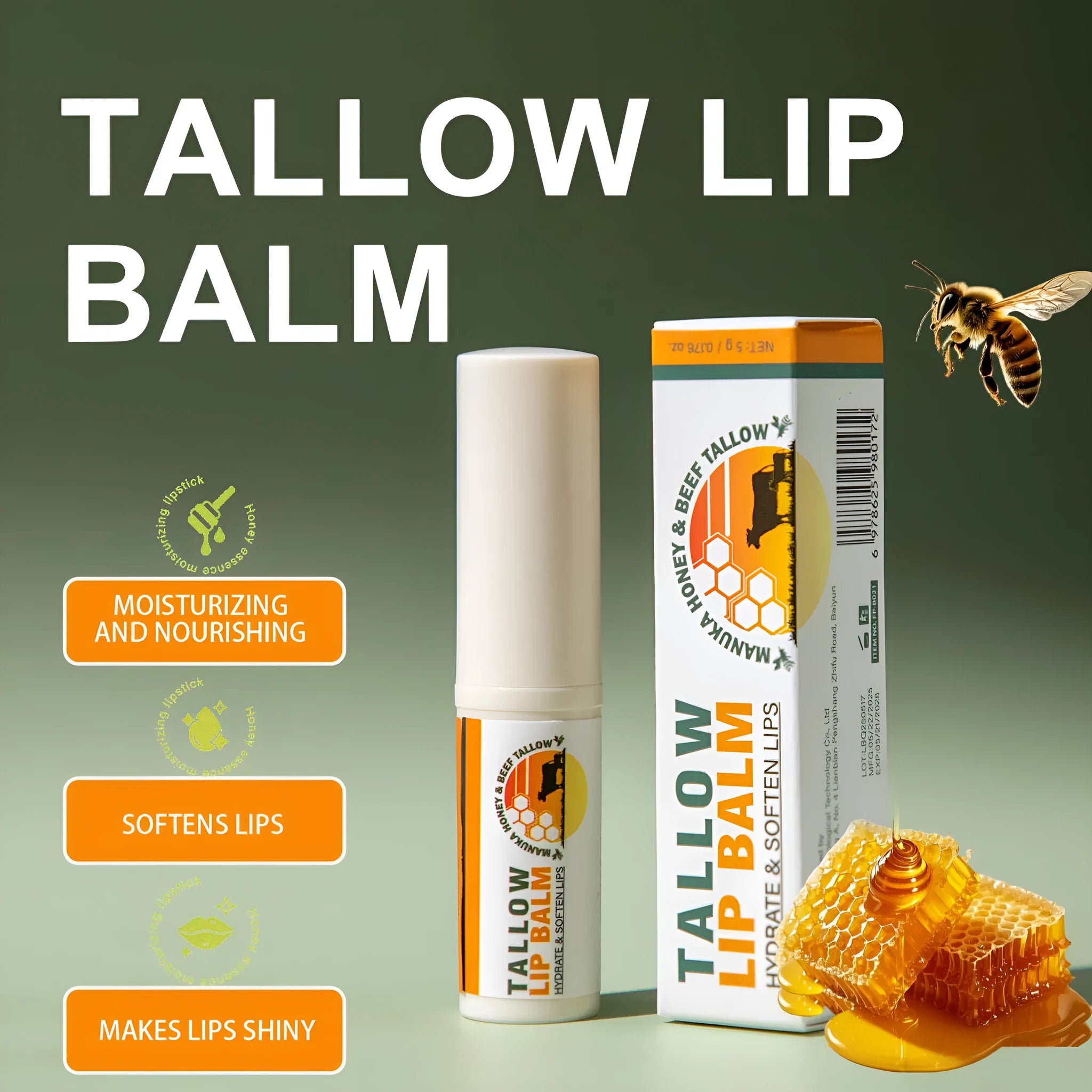 Tallow lip balm stick showing 83mm length with 5g content in twist-up format