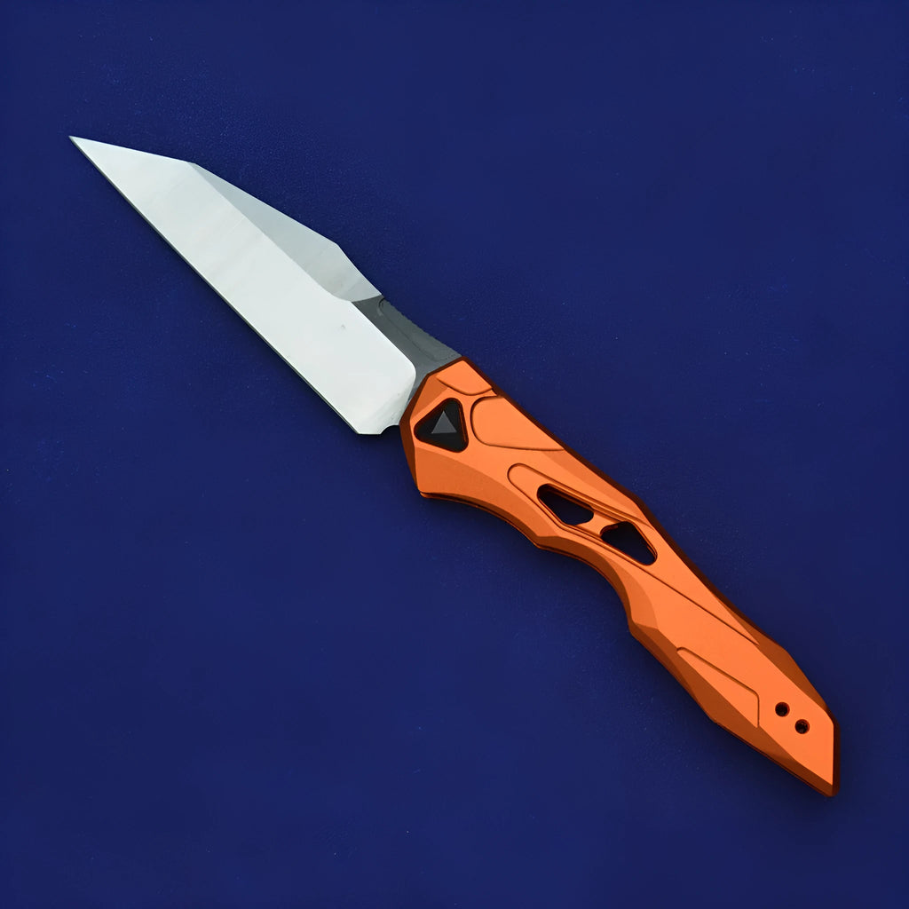 Black folding fruit knife with D2 steel blade and aluminium handle for camping and kitchen use