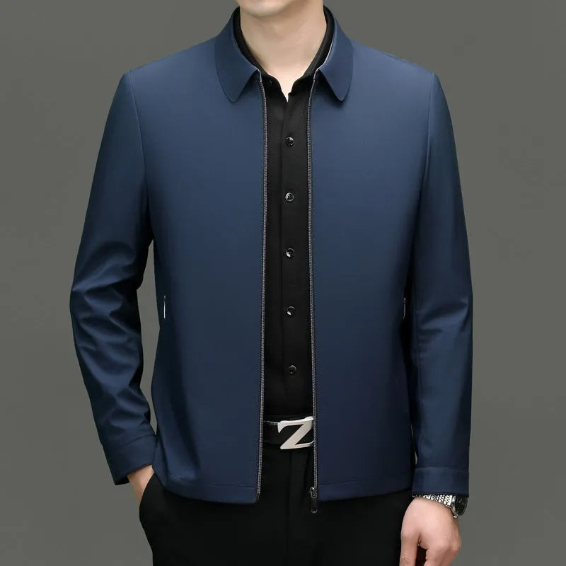 Men's lapel casual jacket in solid colour polyester blend with side seam pockets, light business style, front view