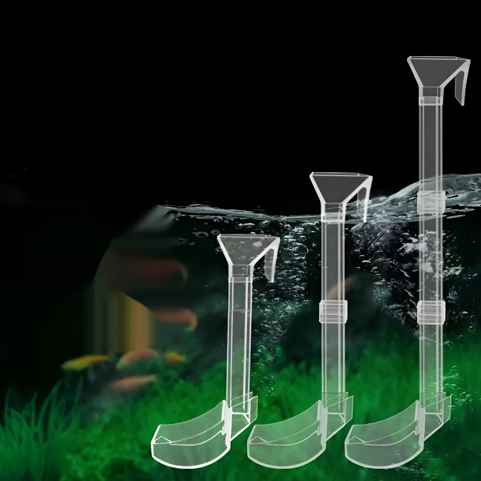 Aquarium feeding tube kit with cleaning brush and feed spoon in 17cm, 28cm, and 38cm sizes.