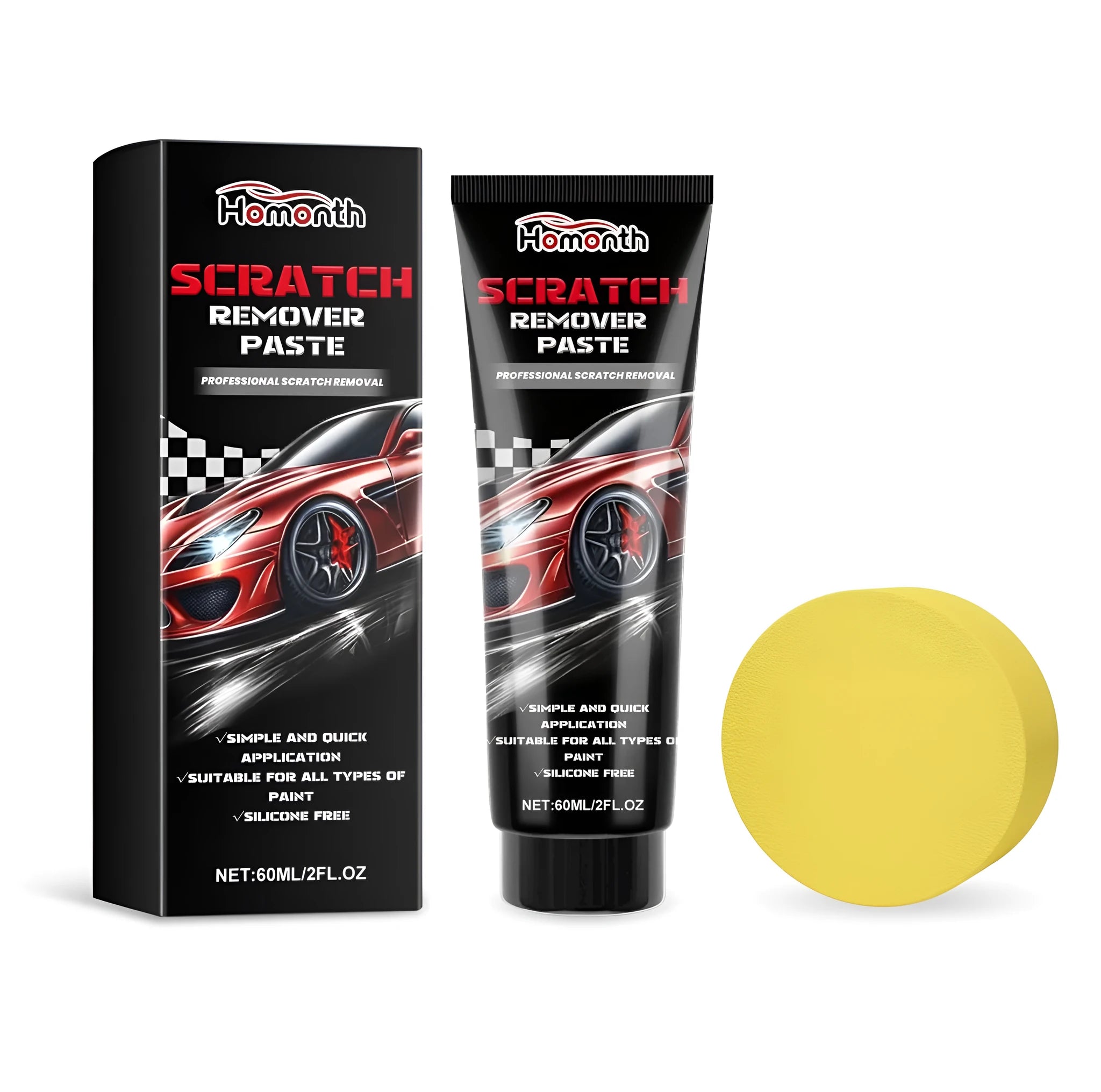 Scratch remover paste bottle and sponge for car paint and surface repair