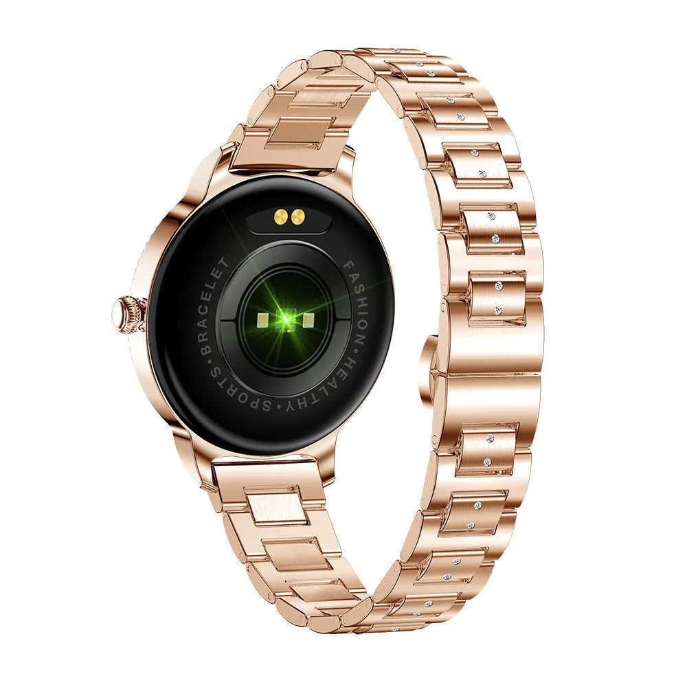 AK38 ladies smart watch with stainless steel Milanese band and a lit 1.09-inch colour screen.