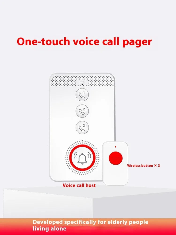 White one-click voice emergency alert device with a central buzzer and three personal call buttons.