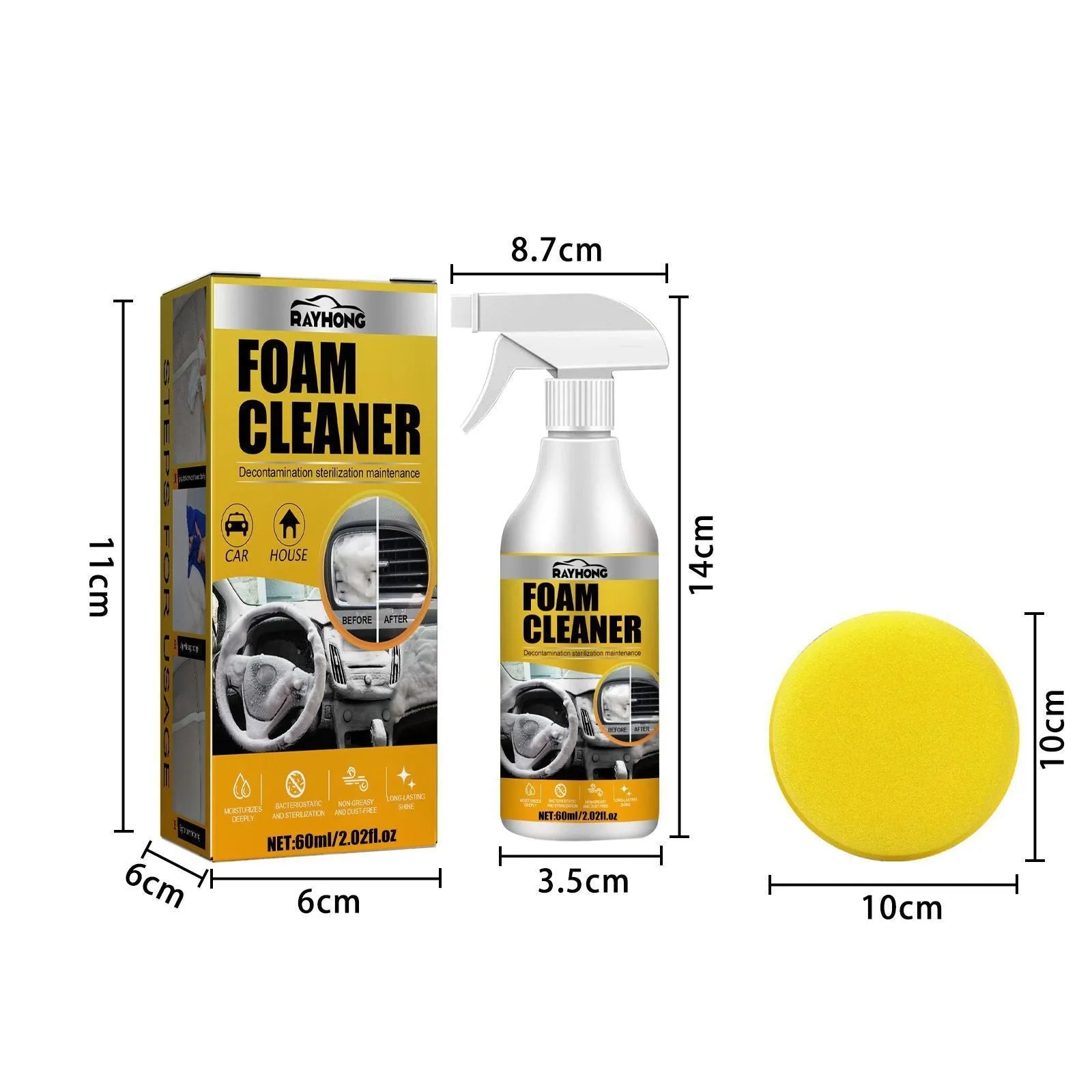 Car interior wash-free foamed cleaner 60ml with sponge in boxed packaging