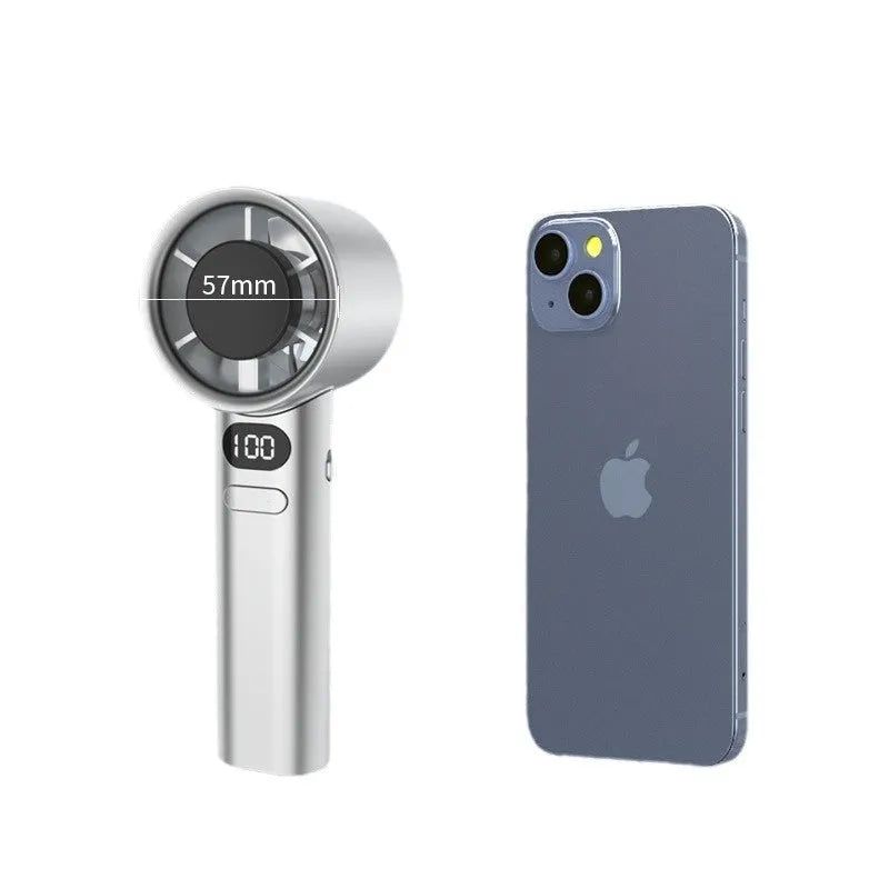 A handheld USB fan with 120 speed settings in green, khaki, silver, or white colour options.