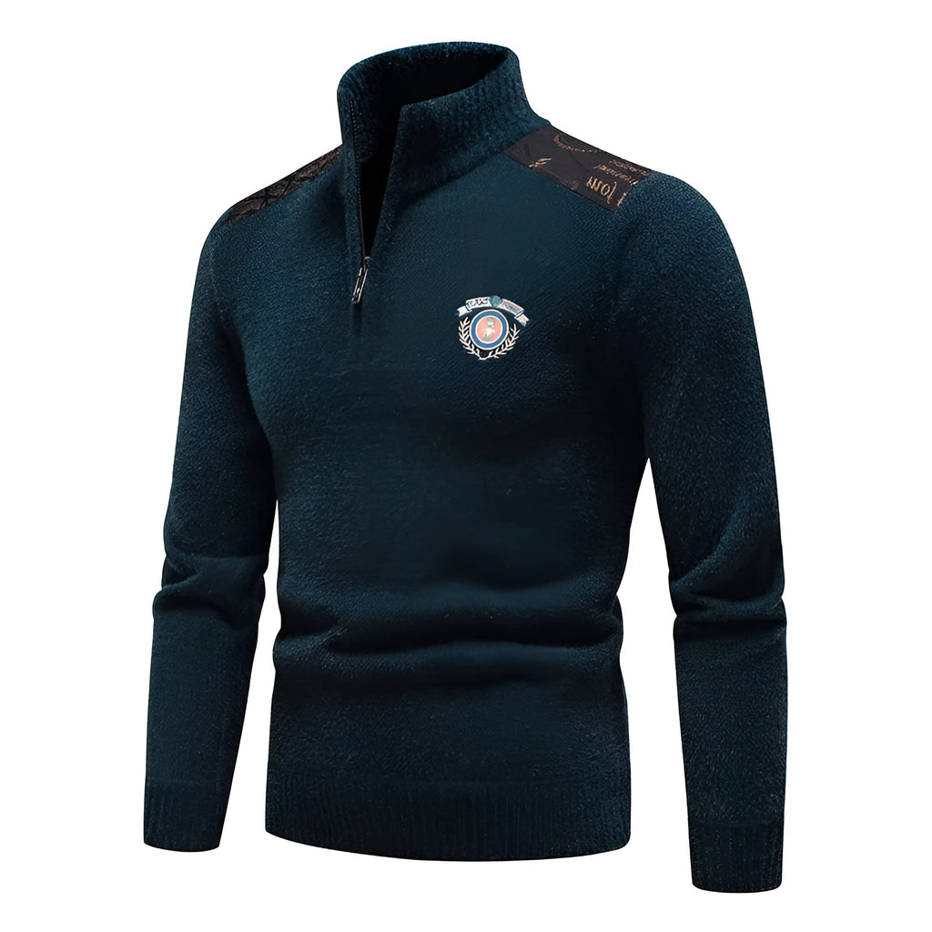 Men's stand collar velvet sweater in beige, dark grey, black, or navy blue.