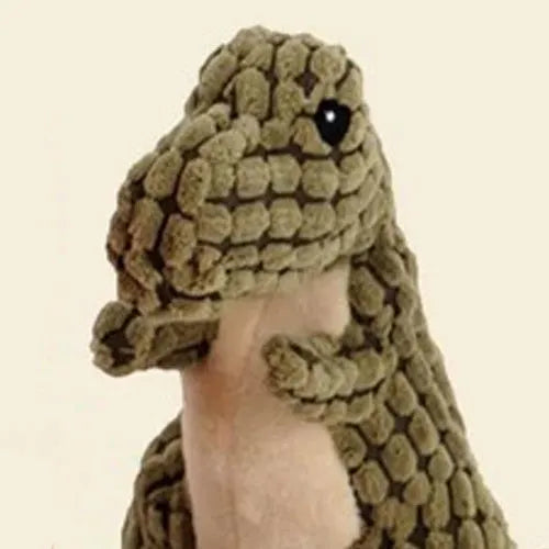 Grey, green, and orange dog chew toy with sound, measuring 35 cm long, for bite-resistant chewing.