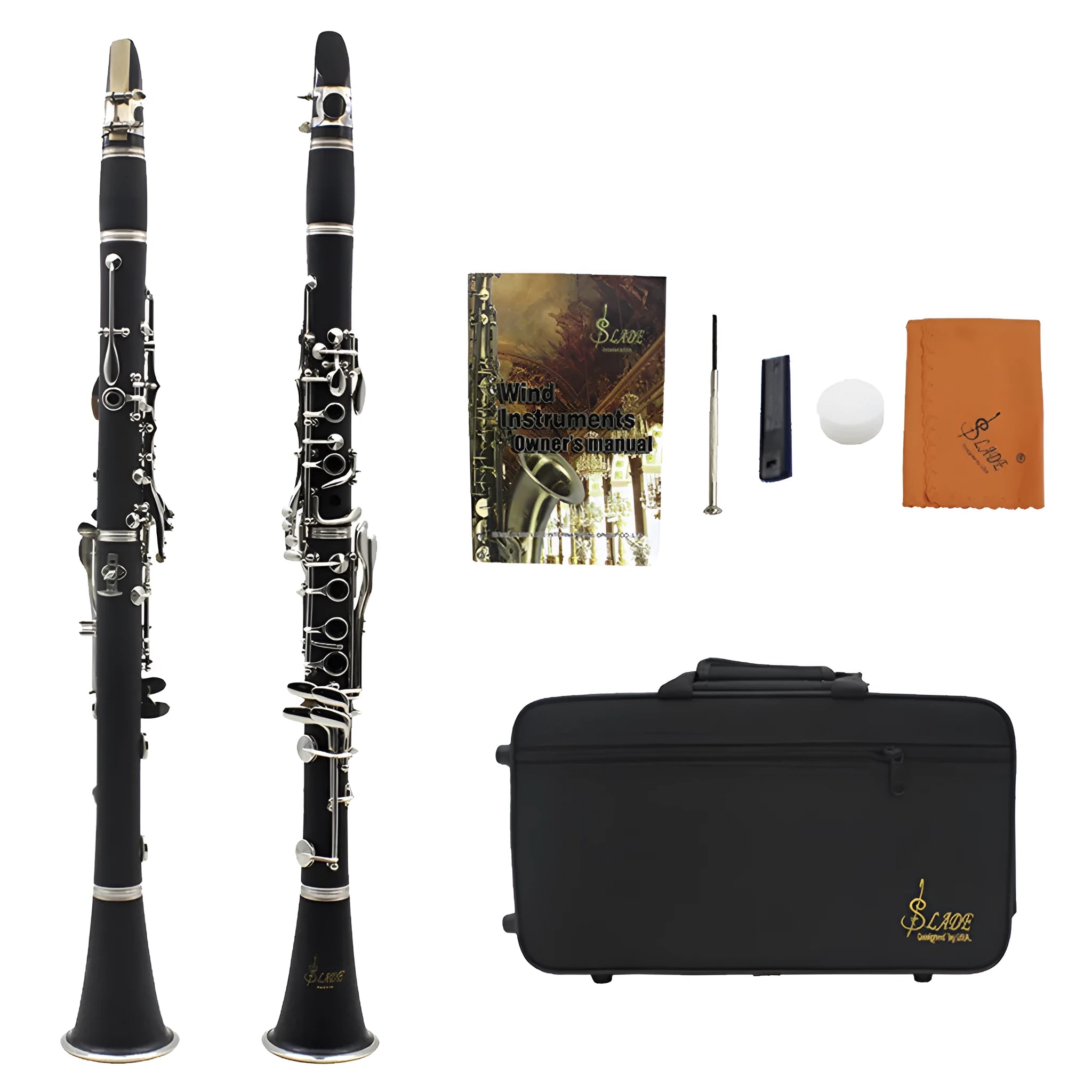 Black bakelite clarinet with nickel-plated keys and included carry bag