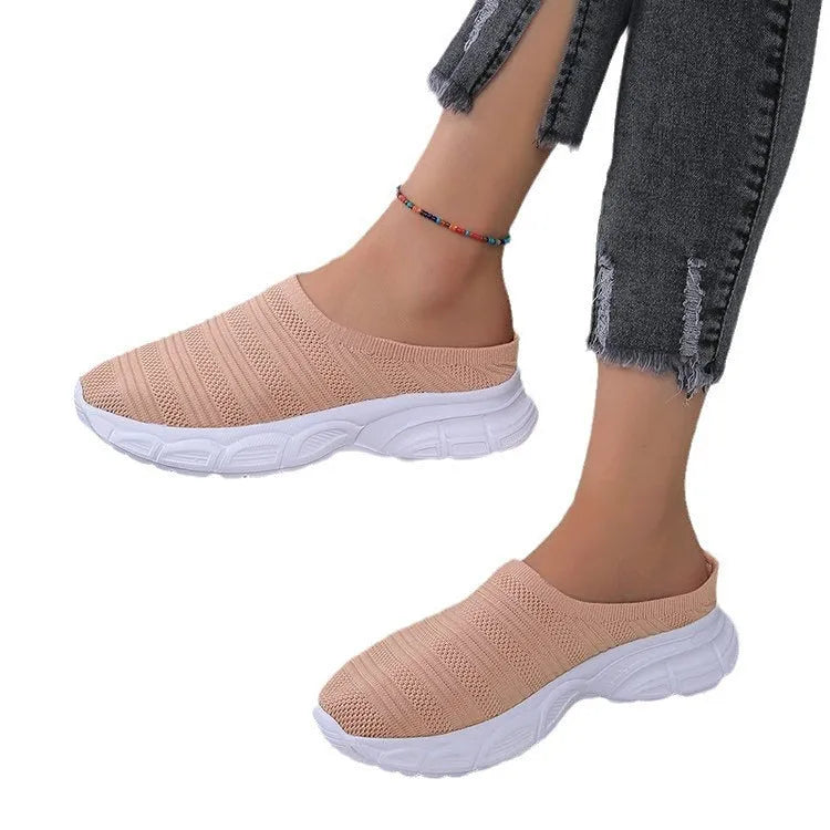 Women's mesh casual wedge heel slipper in beige with round toe and rubber sole