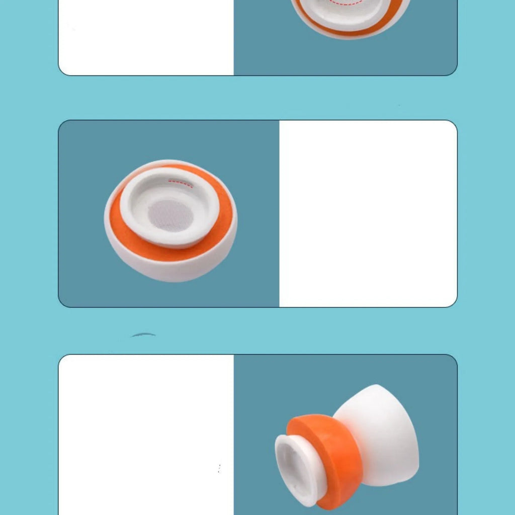 Pair of double layered noise reducing earplug sleeves in orange white for headphones, available in sizes L/M/S/XS