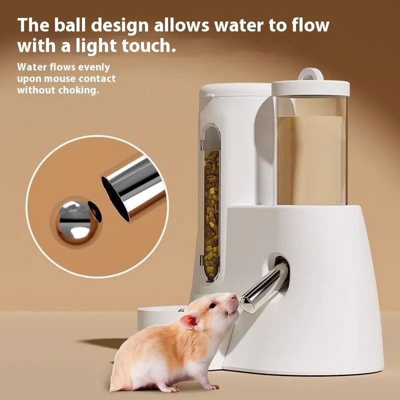 White, blue, and pink hamster automatic water feeder kettle with attached food basin.