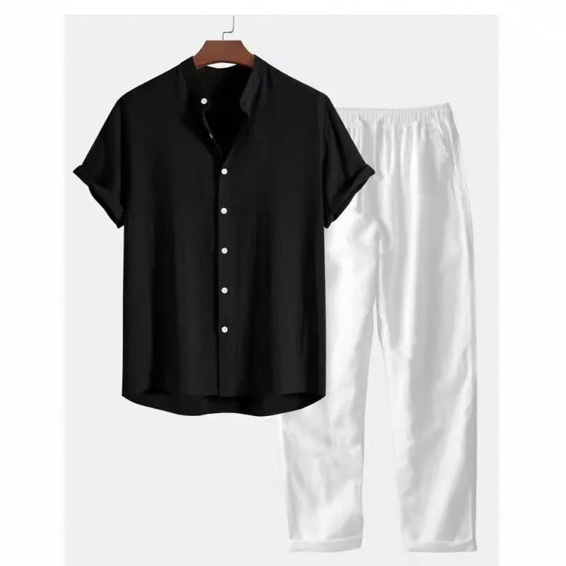 Men's casual loose short sleeve shirt and trousers set in polyester linen fabric shown in multiple colour options