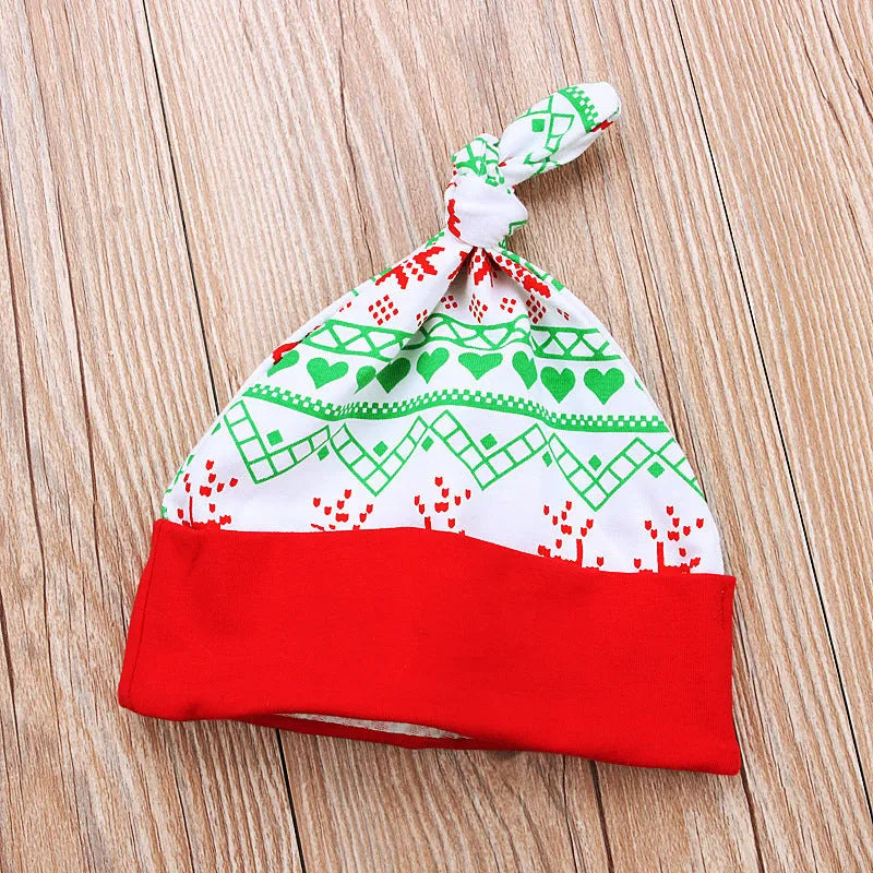 Red cotton baby three-piece suit with long sleeve jumpsuit, pants, and hat featuring letter print