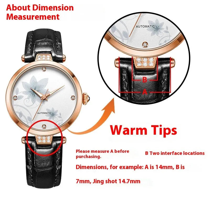 Genuine leather women's watch strap with steel pin buckle in black, pink, red, sapphire blue, or white