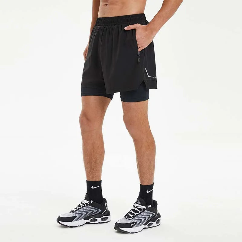 Men's black double-layer running shorts with high elastic waist for summer fitness.
