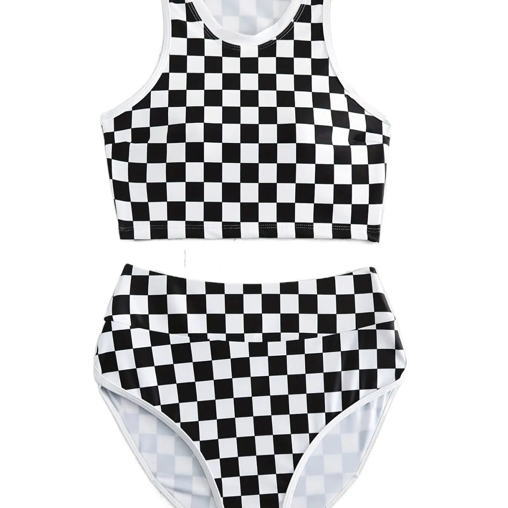 Women's checkerboard pattern racing one-piece swimsuit with backless design and suspender straps