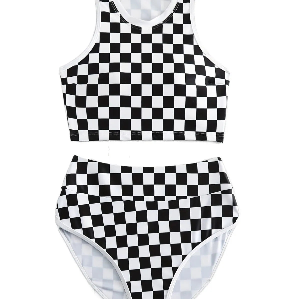 Women's checkerboard pattern racing one-piece swimsuit with backless design and suspender straps