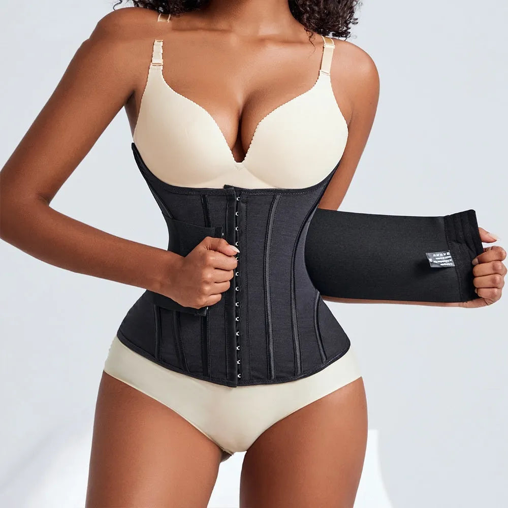 Nylon belly band waist training tummy slimming belt in black and apricot colours with adjustable tie