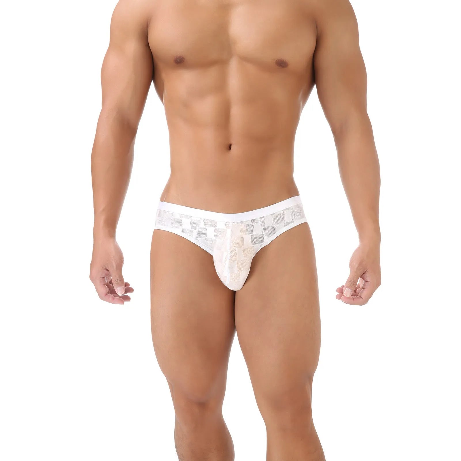 Men's black and white plaid mesh briefs with U-convex design on a flat lay