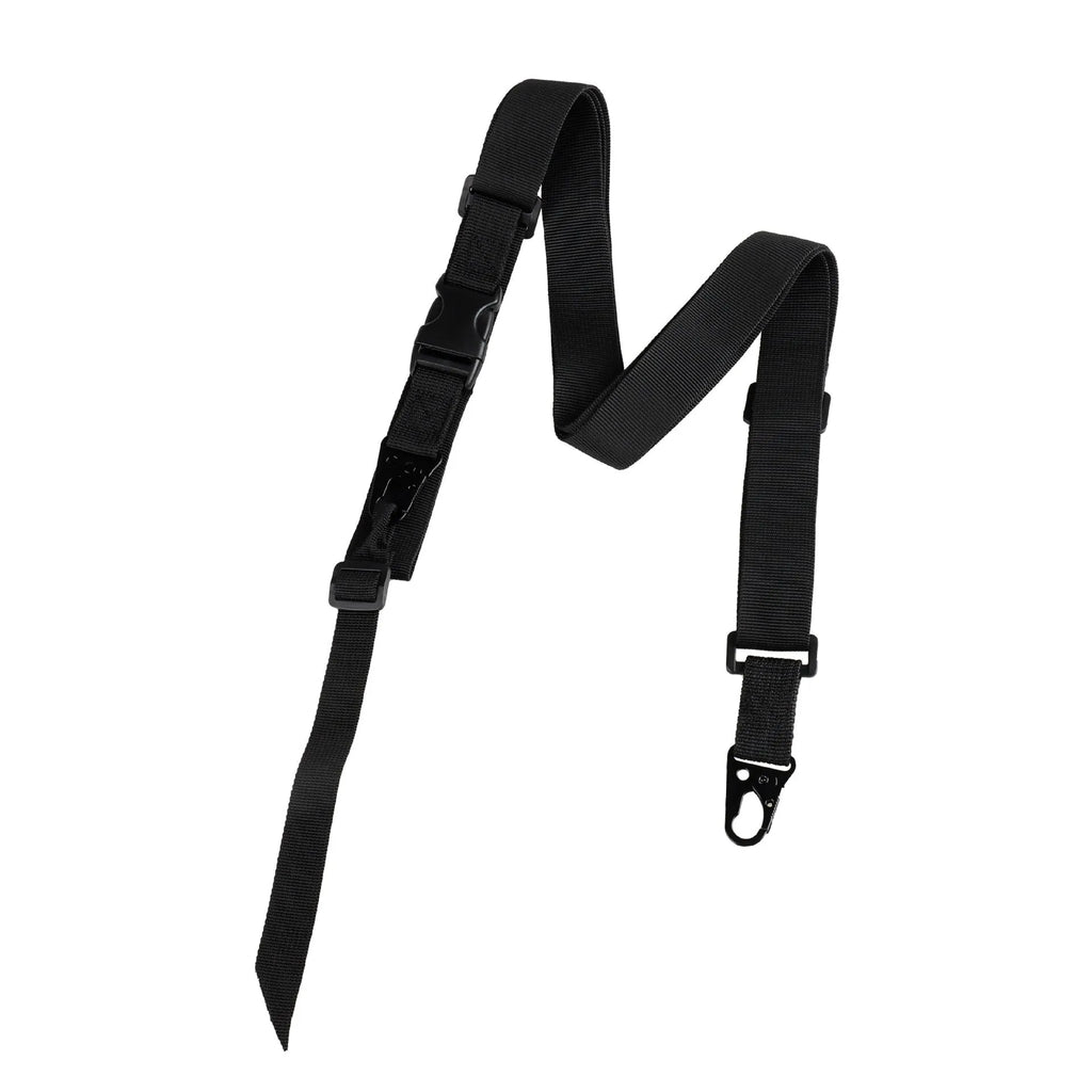 Nylon crossbody sling strap with alloy buckle showing adjustable 148 cm length