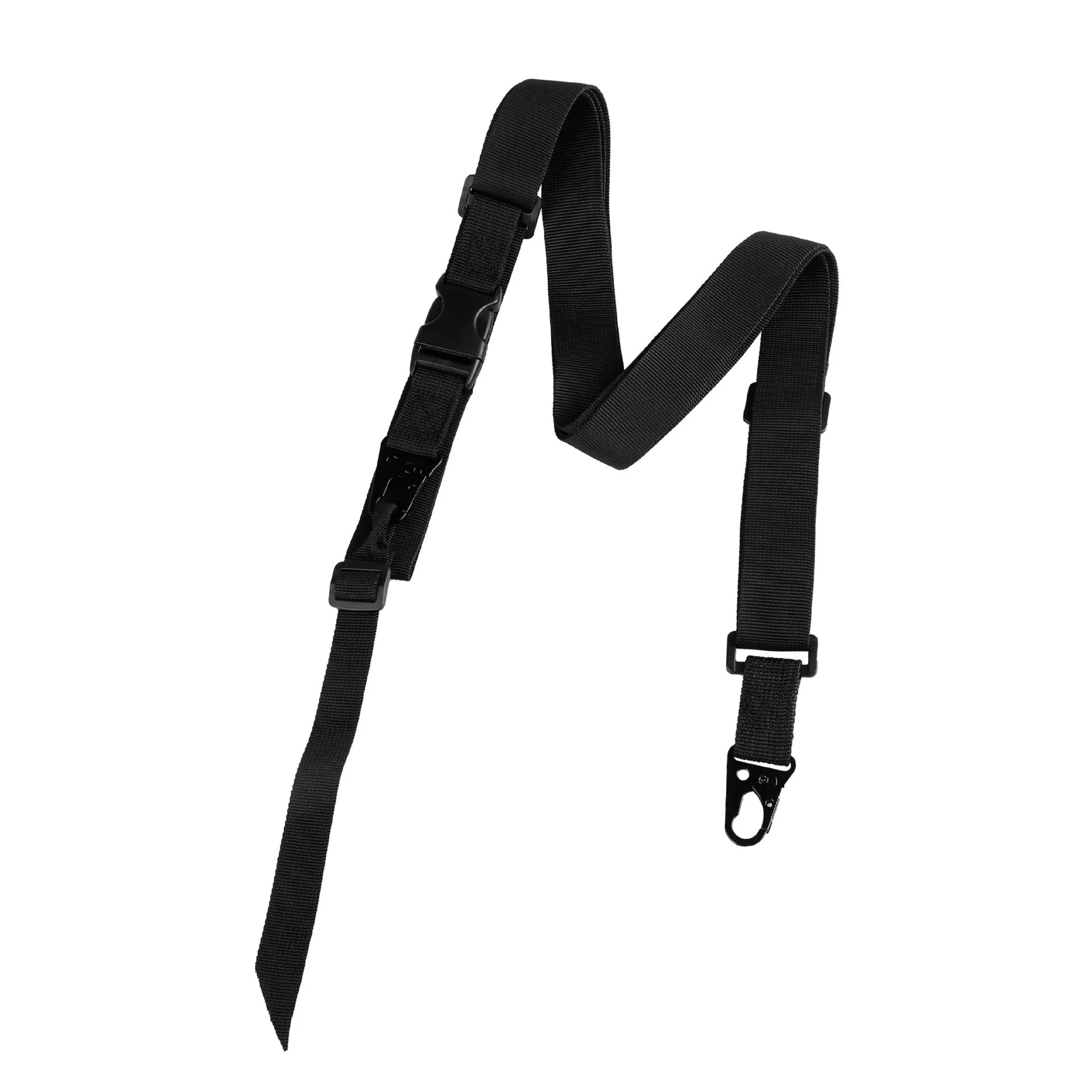 Nylon crossbody sling strap with alloy buckle showing adjustable 148 cm length