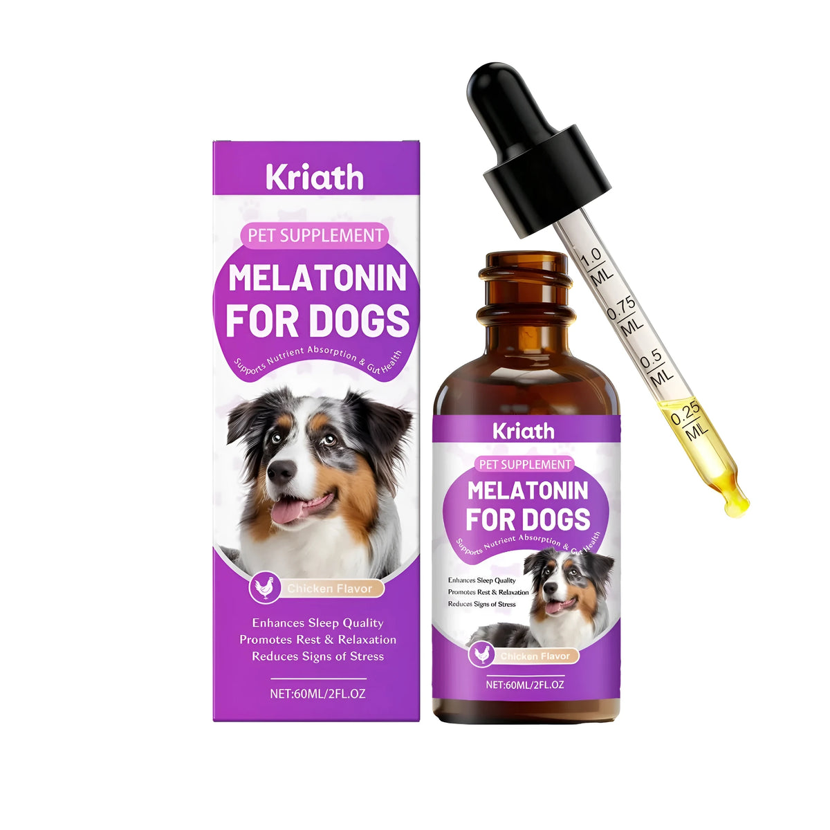 60ml melatonin for dogs calming drops with L-theanine, chamomile, valerian root and probiotics