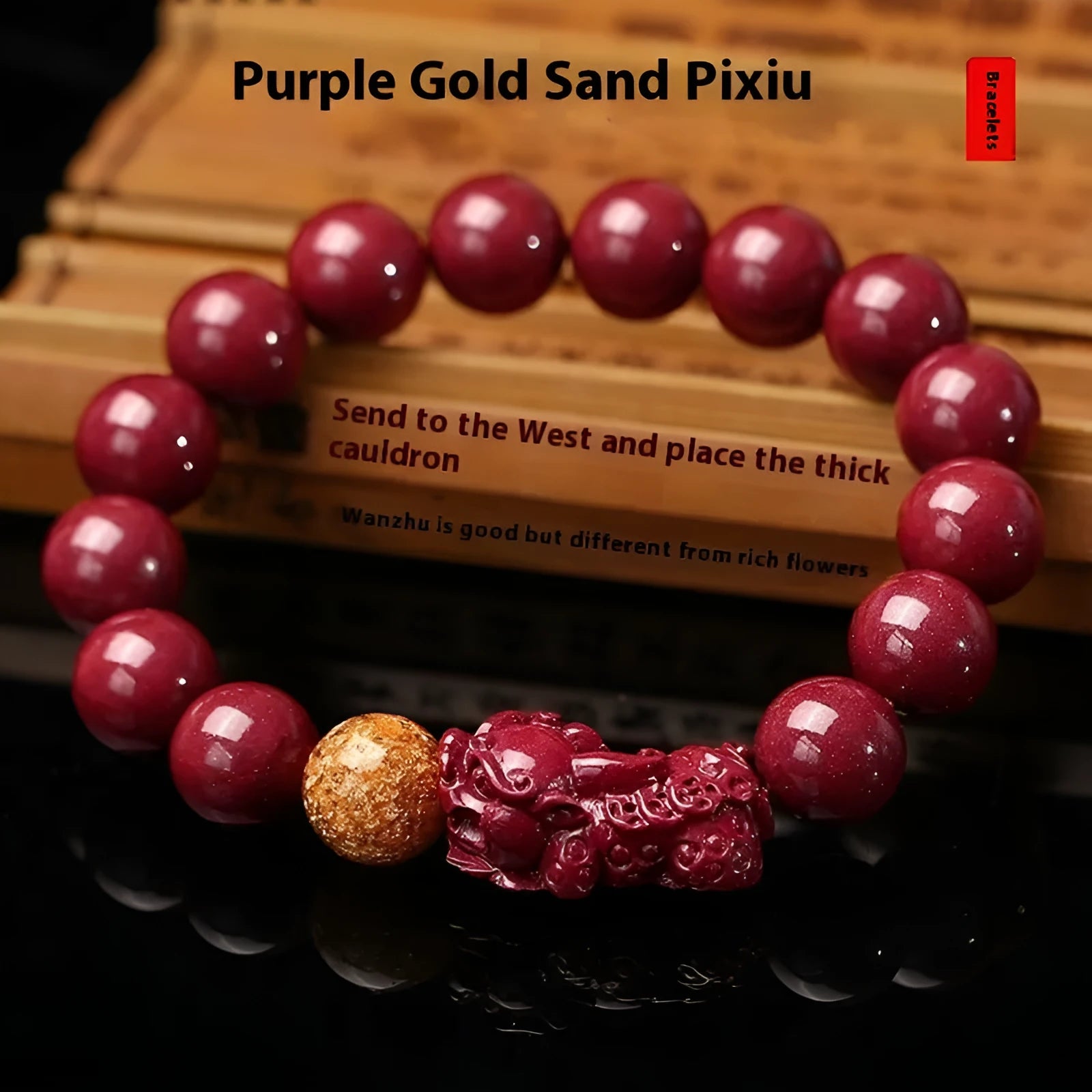 Purple gold sandstone cinnabar bracelet with polished beads and totem design on wrist