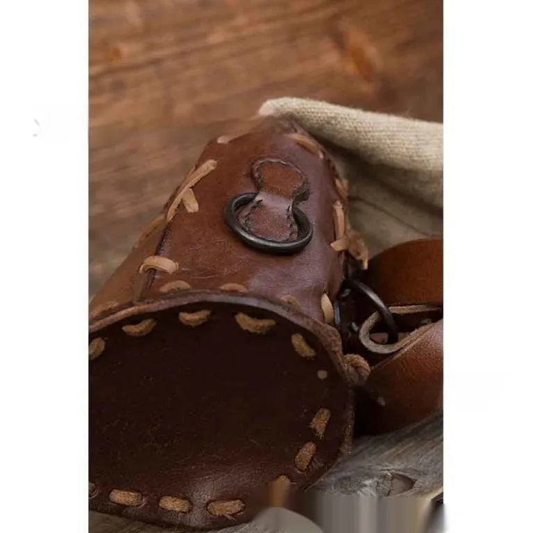 Brown hand-knitted lace-up quiver bag with thick pattern and color matching strap, free size medieval leather quiver