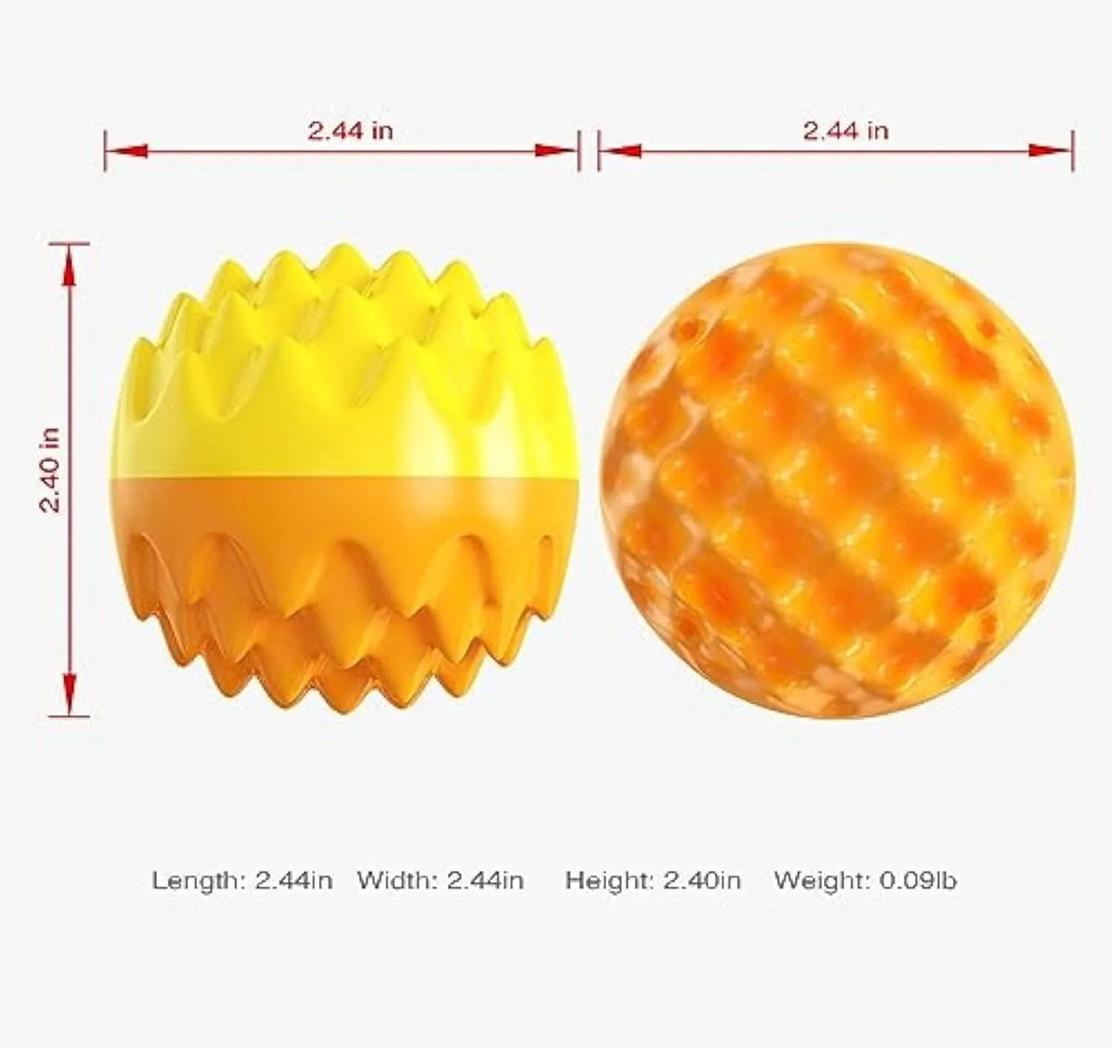Blue and orange squeaky dog ball with spiky texture for dental cleaning