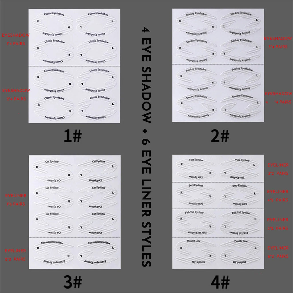 Four reusable adhesive eyeliner stencil stickers for creating winged and cat eye makeup looks.