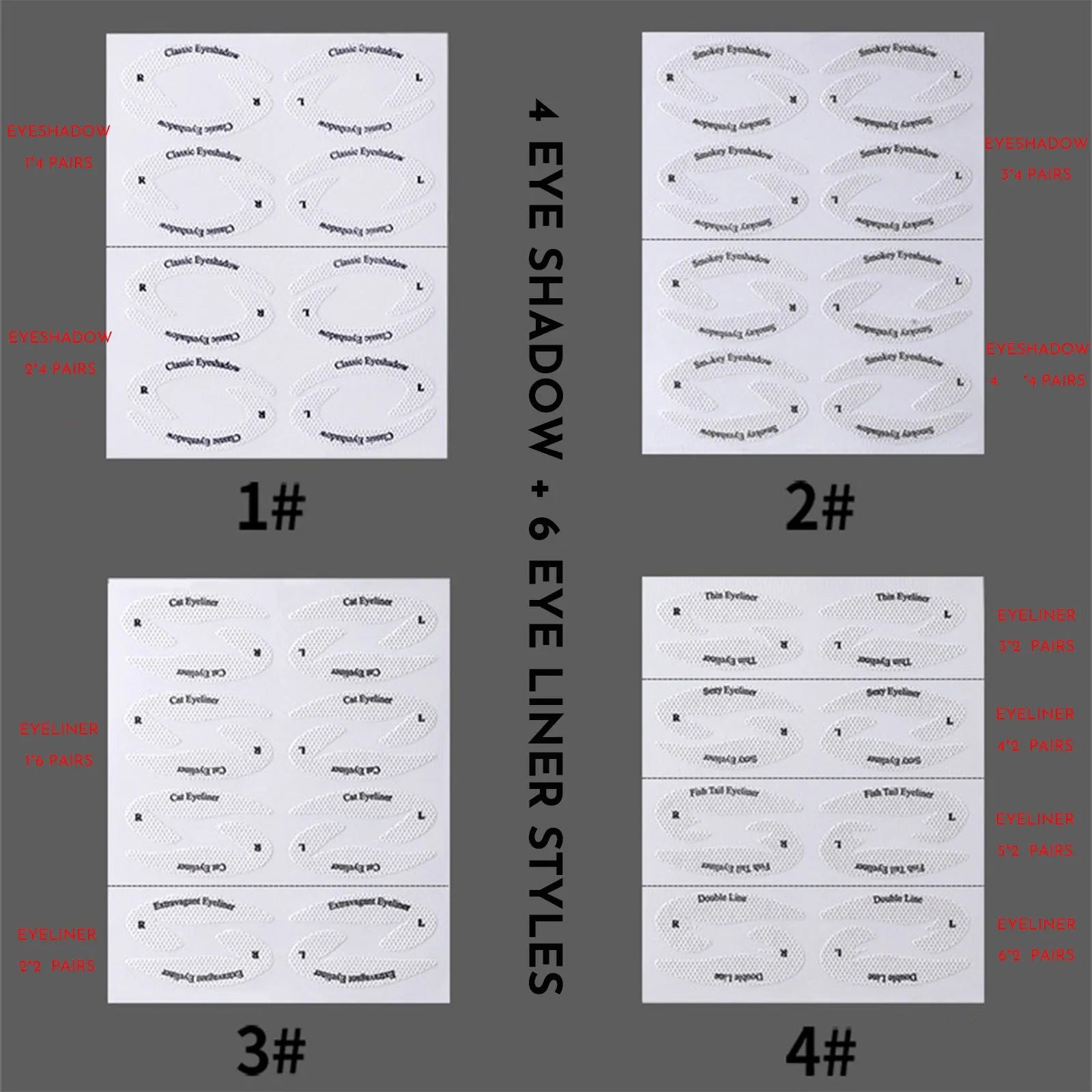 Four reusable adhesive eyeliner stencil stickers for creating winged and cat eye makeup looks.