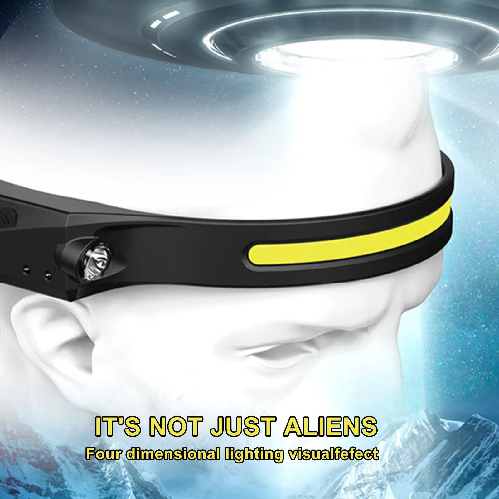 Black silicone rechargeable headlamp with LED lights, shown with wide beam and long-range illumination for outdoor use.