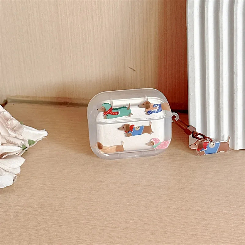Gradient sausage dog TPU soft shell earphone protective case for AirPods with embossed cartoon design and pendant loop