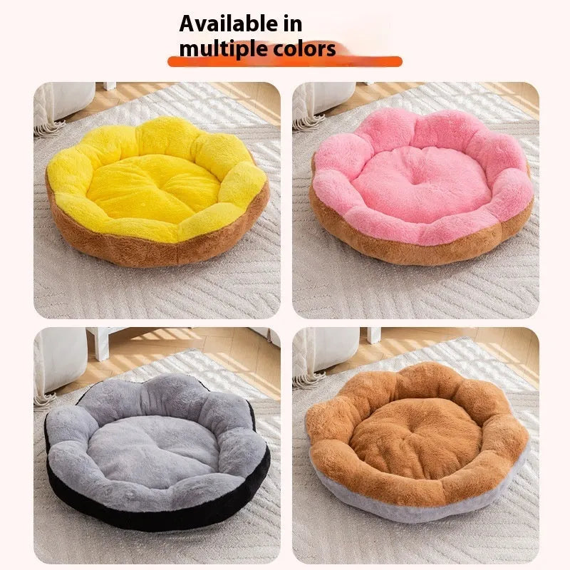 Soft plush round cat bed with a removable cover in a brown grey colour, shown on a floor.