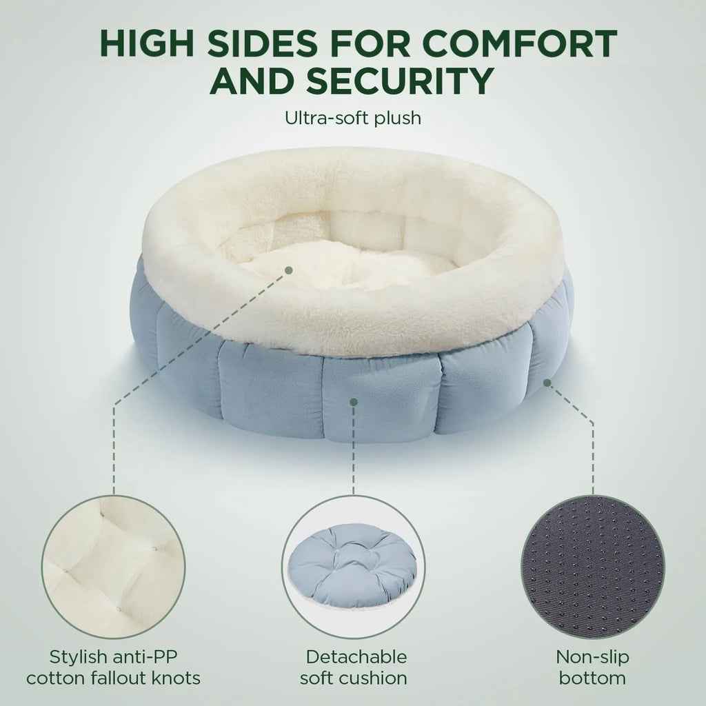 Round donut dog bed in faux rabbit fur with raised sides and anti-slip bottom, sizes XS to XL, colours blue brown green pink