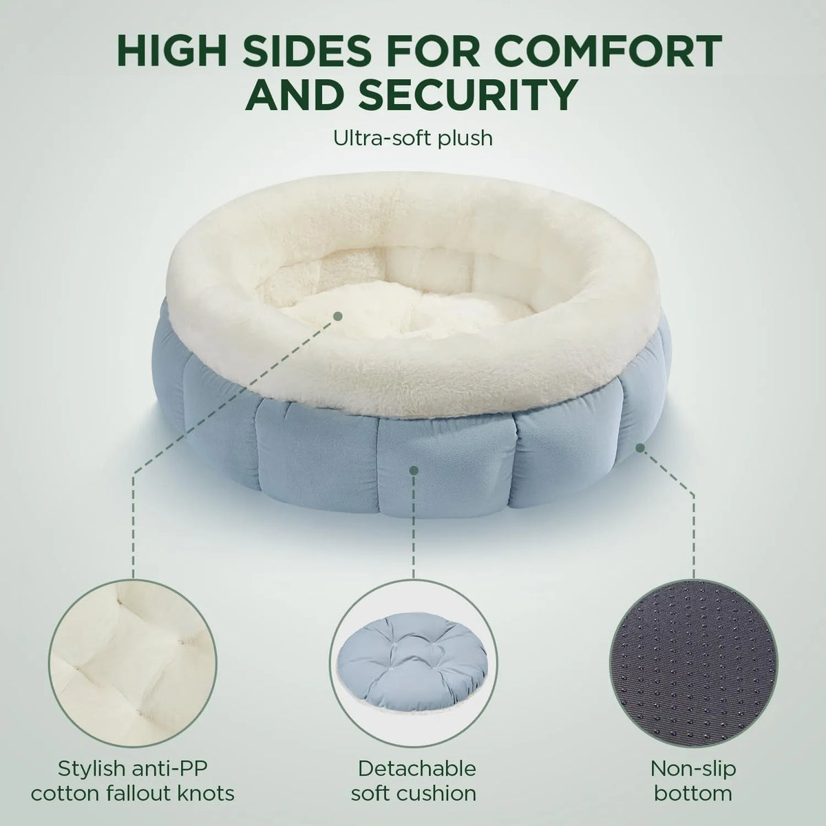 Round donut dog bed in faux rabbit fur with raised sides and anti-slip bottom, sizes XS to XL, colours blue brown green pink