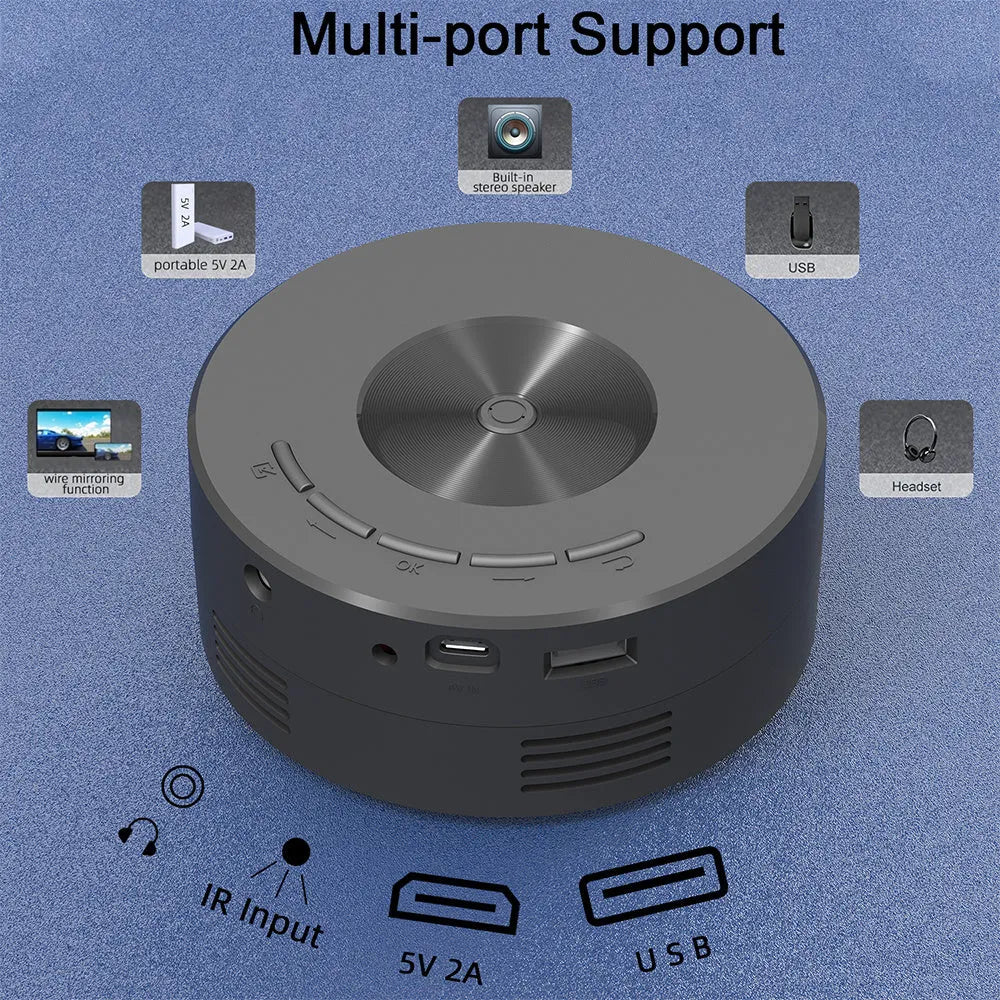 Black mini portable projector for mobile phones measuring 110mm with compact design for children's entertainment