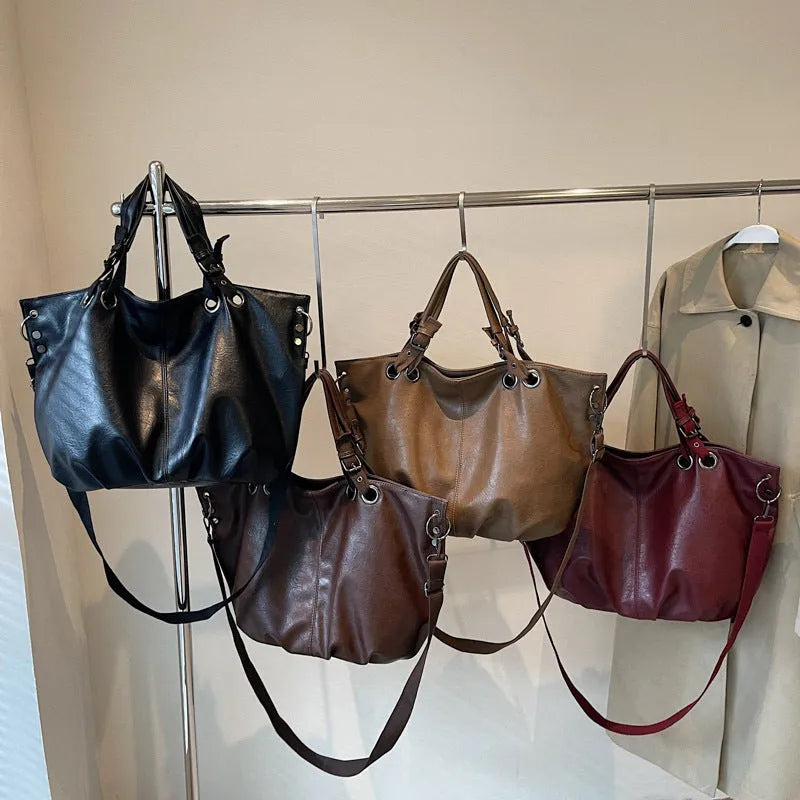 Solid colour PU one-shoulder tote bag with stitching details, horizontal square shape, available in multiple colours