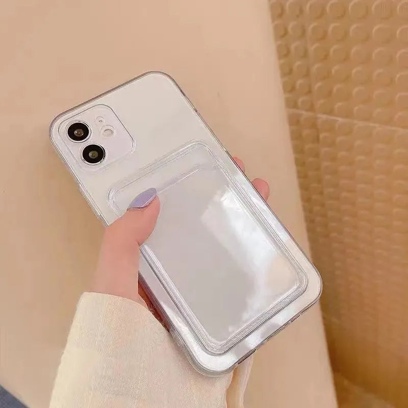 Transparent phone case with card slot for Apple iPhone on a table.