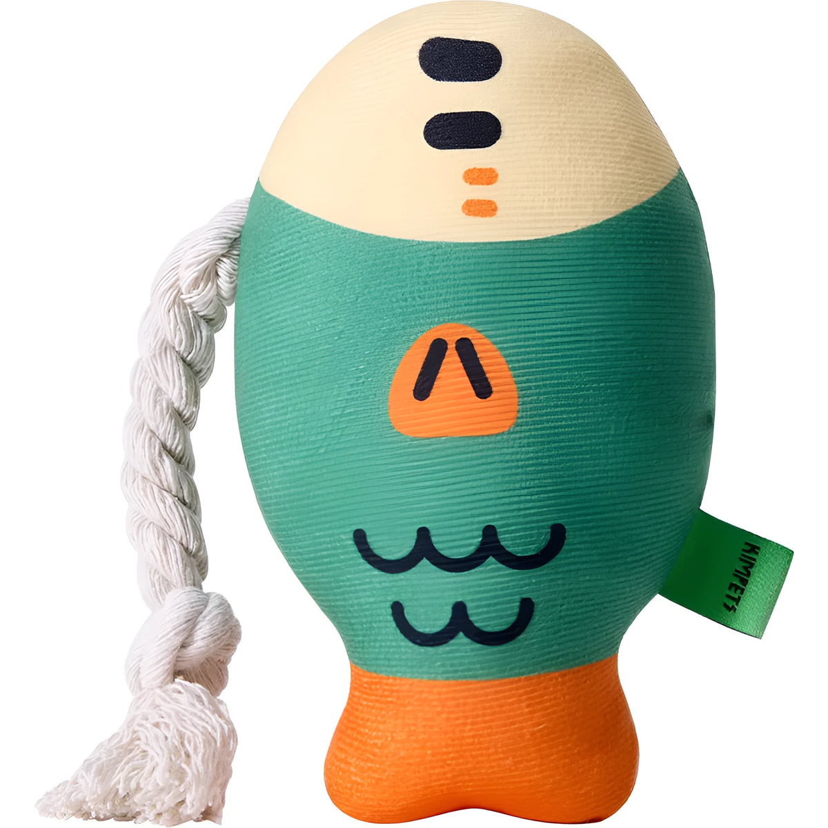 Puffhead Fish plush squeaky dog toy in green, purple, and yellow colours