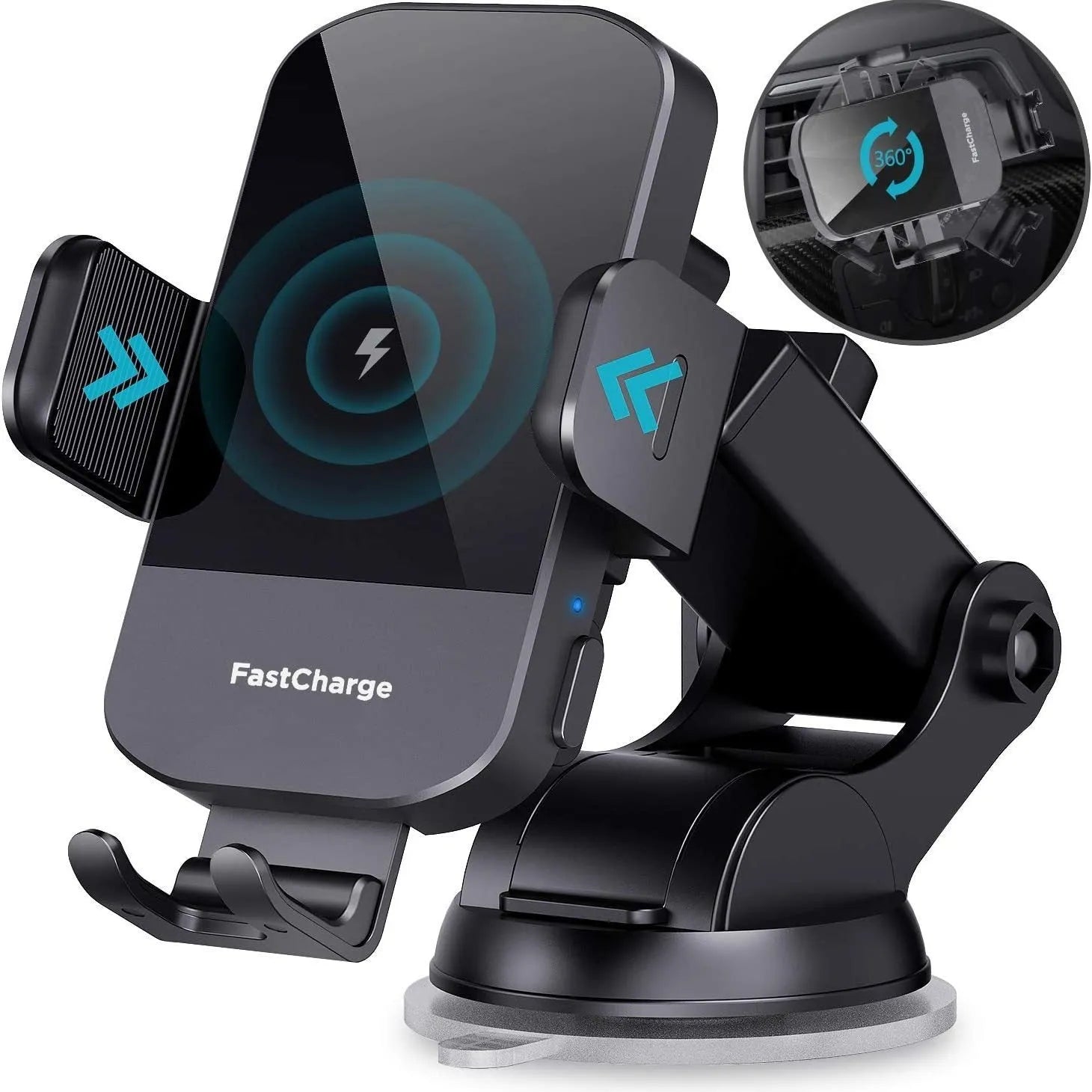 Black 15W fast wireless car charging stand showing air vent clip and dashboard mount options